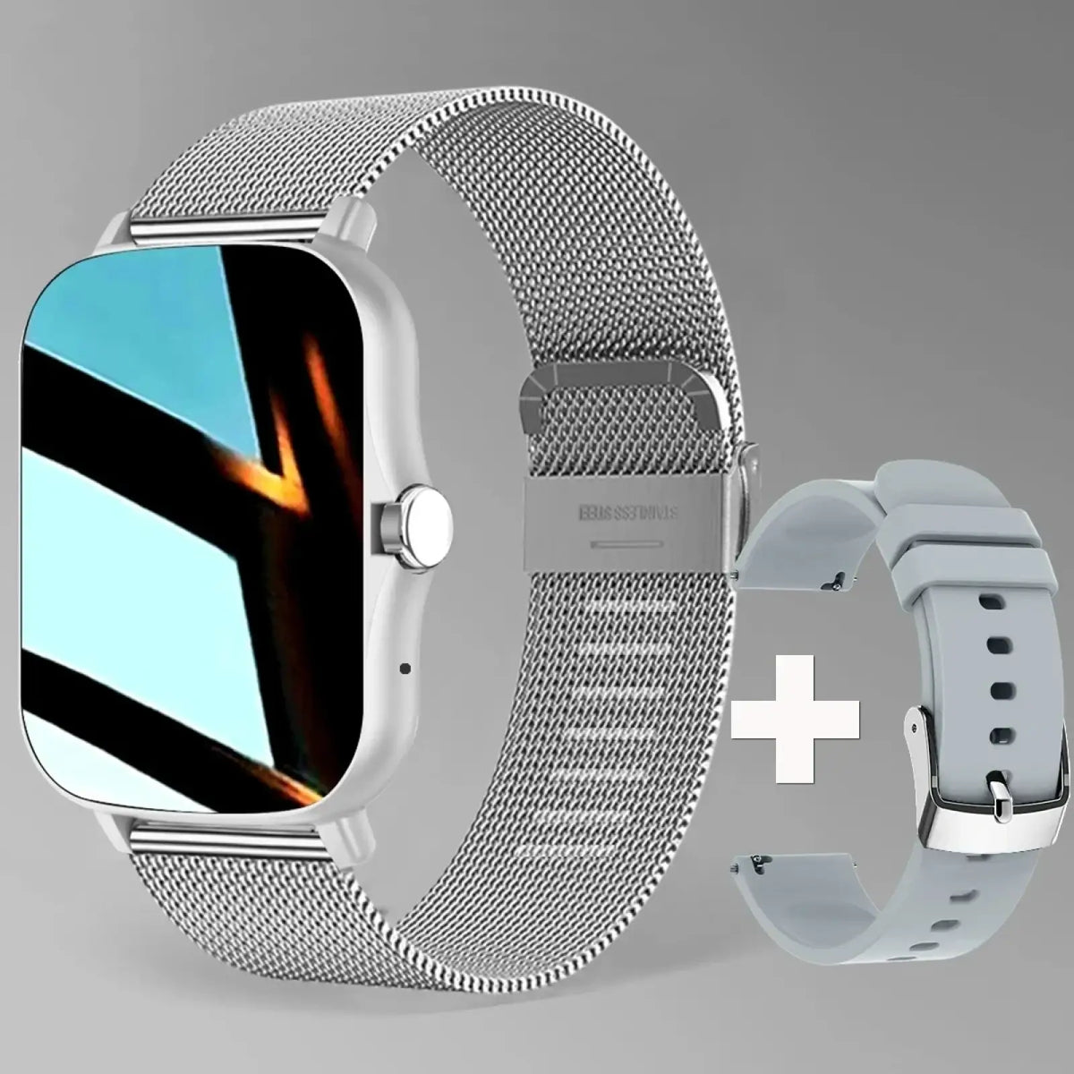 Silver mesh watch band with matching silver-tone clasp for smartwatch bluetooth fitness tracker hd display