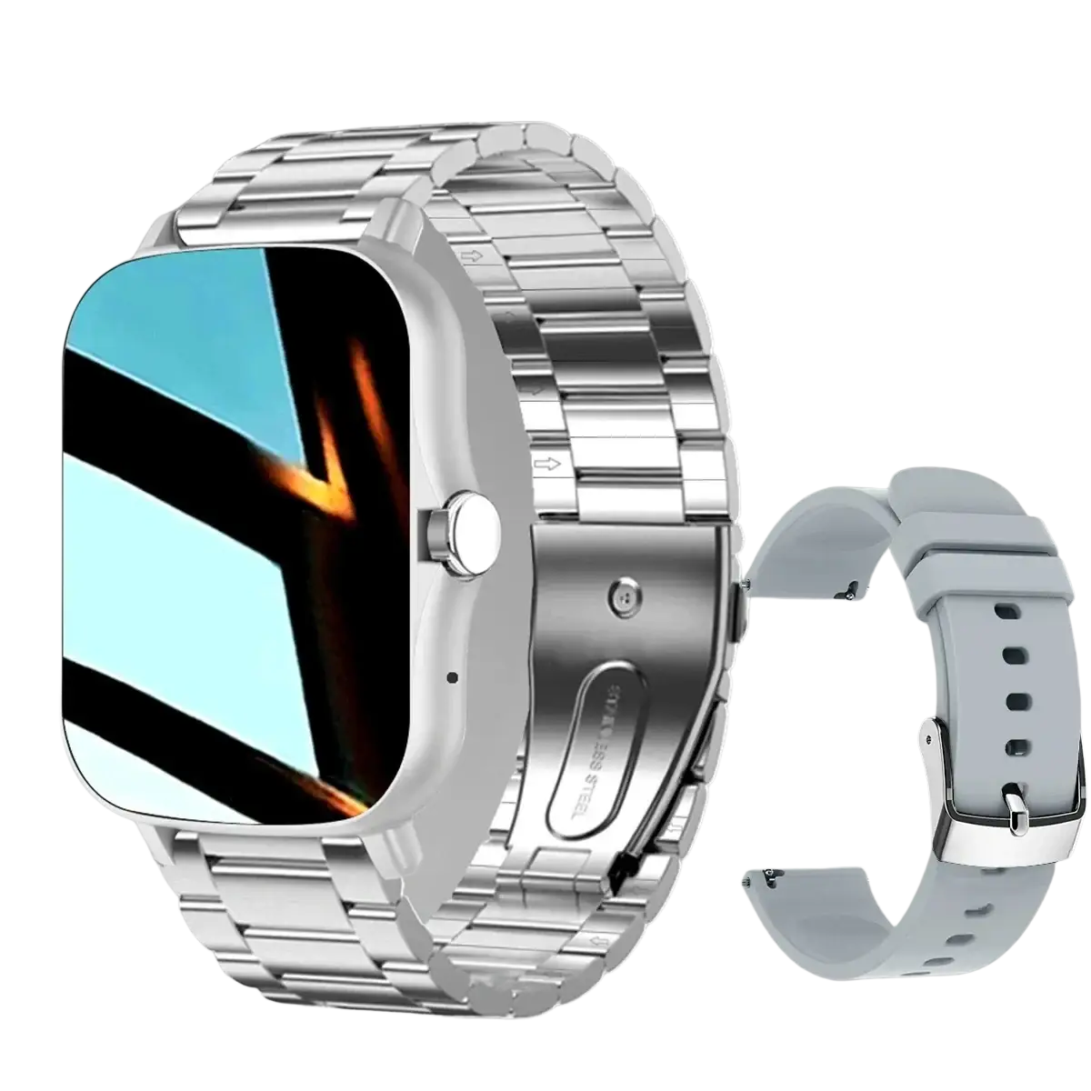 Silver metallic link watch band with matching smartwatch face and light gray silicone strap for bluetooth fitness tracking