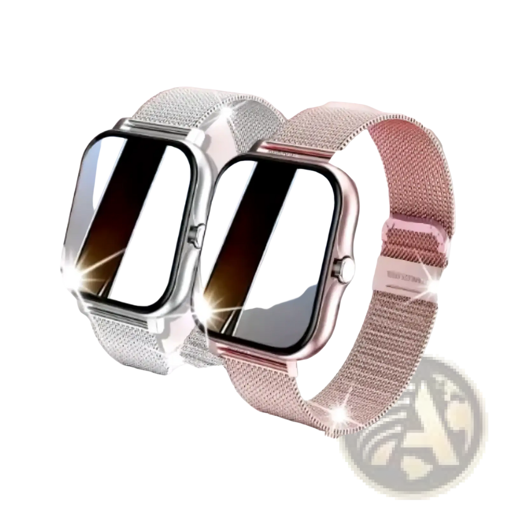 Smart watch bluetooth fitness tracker with hd display featuring silver and rose gold mesh band and rectangular screen
