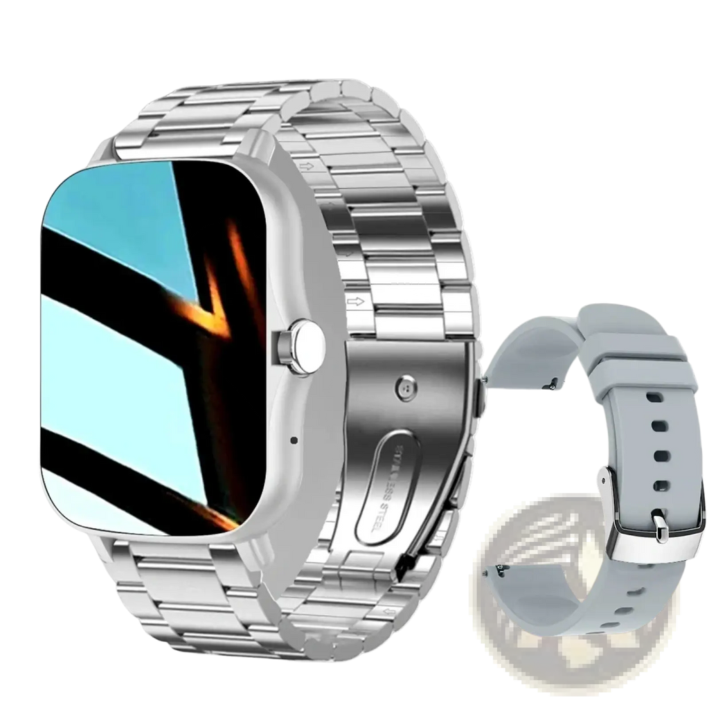 Silver metallic link watch band with matching smartwatch face and light gray silicone strap for bluetooth fitness tracking