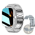 Silver metallic link watch band with matching smartwatch face and light gray silicone strap for bluetooth fitness tracking