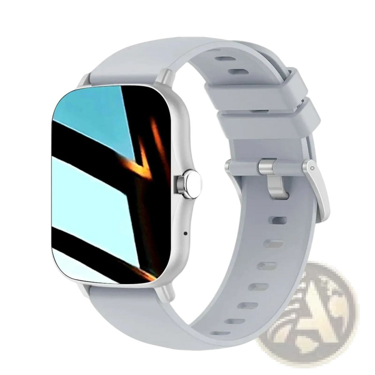 White silicone smart watch with silver-toned bezel and button displaying abstract geometric screen for fitness tracking