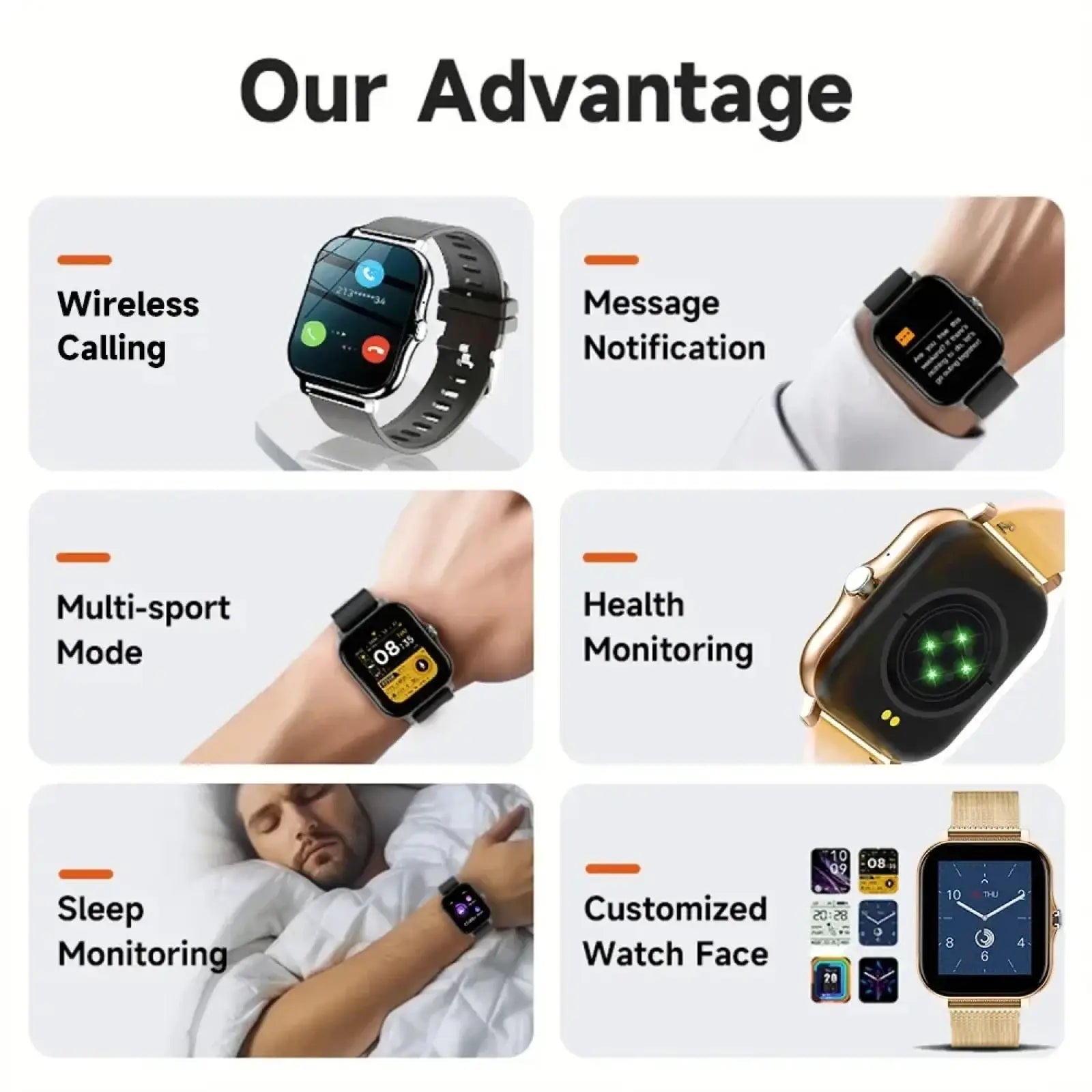 Smart watch Bluetooth fitness tracker with black or gold case, matching band, and rectangular HD touchscreen display