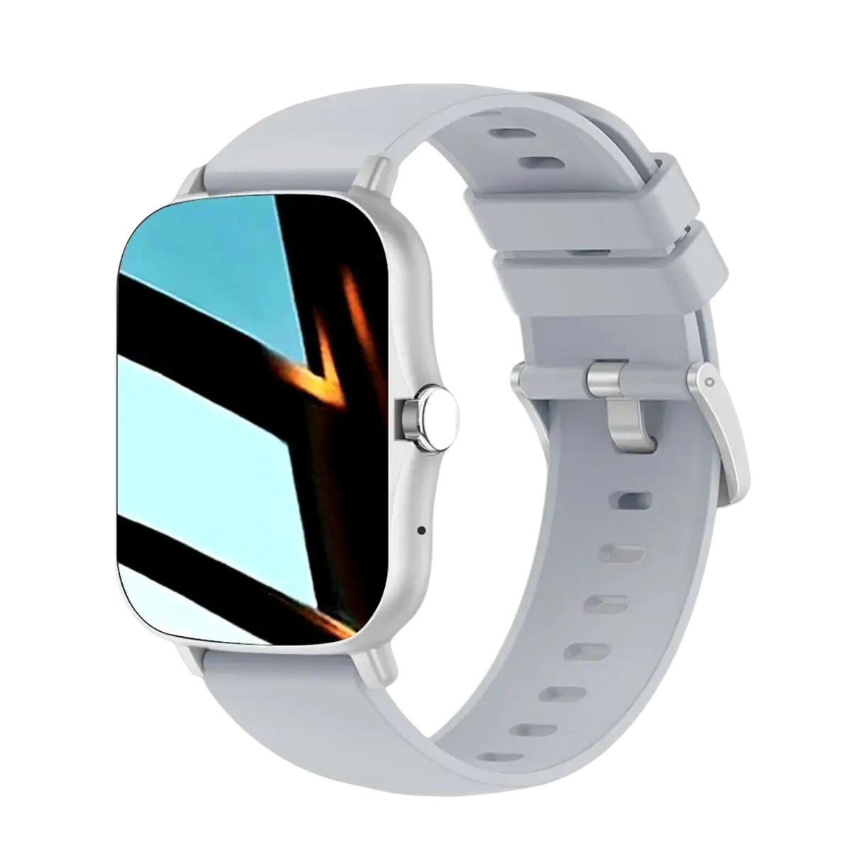 White silicone smart watch with silver-toned bezel and button displaying abstract geometric screen for fitness tracking