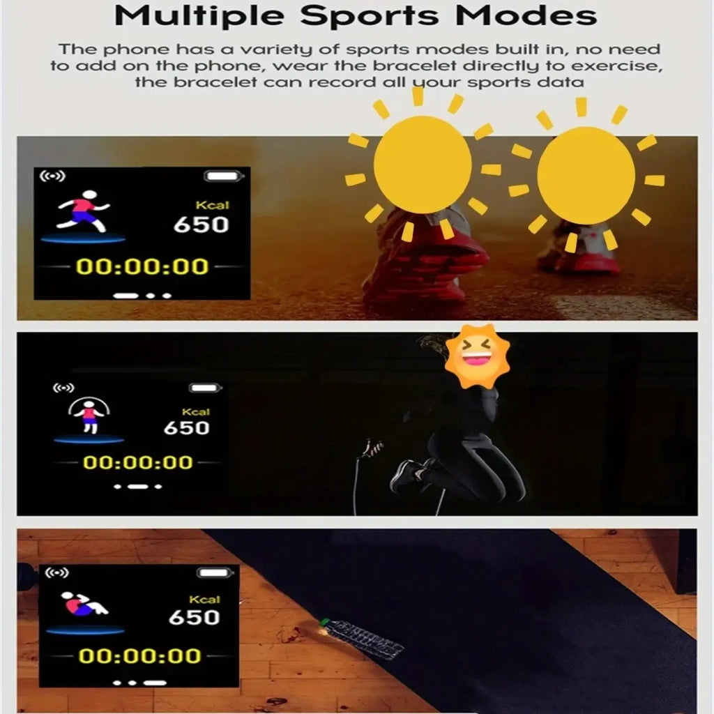 Black smart watch fitness tracker Bluetooth sport bracelet with digital display showing calories burned and time elapsed