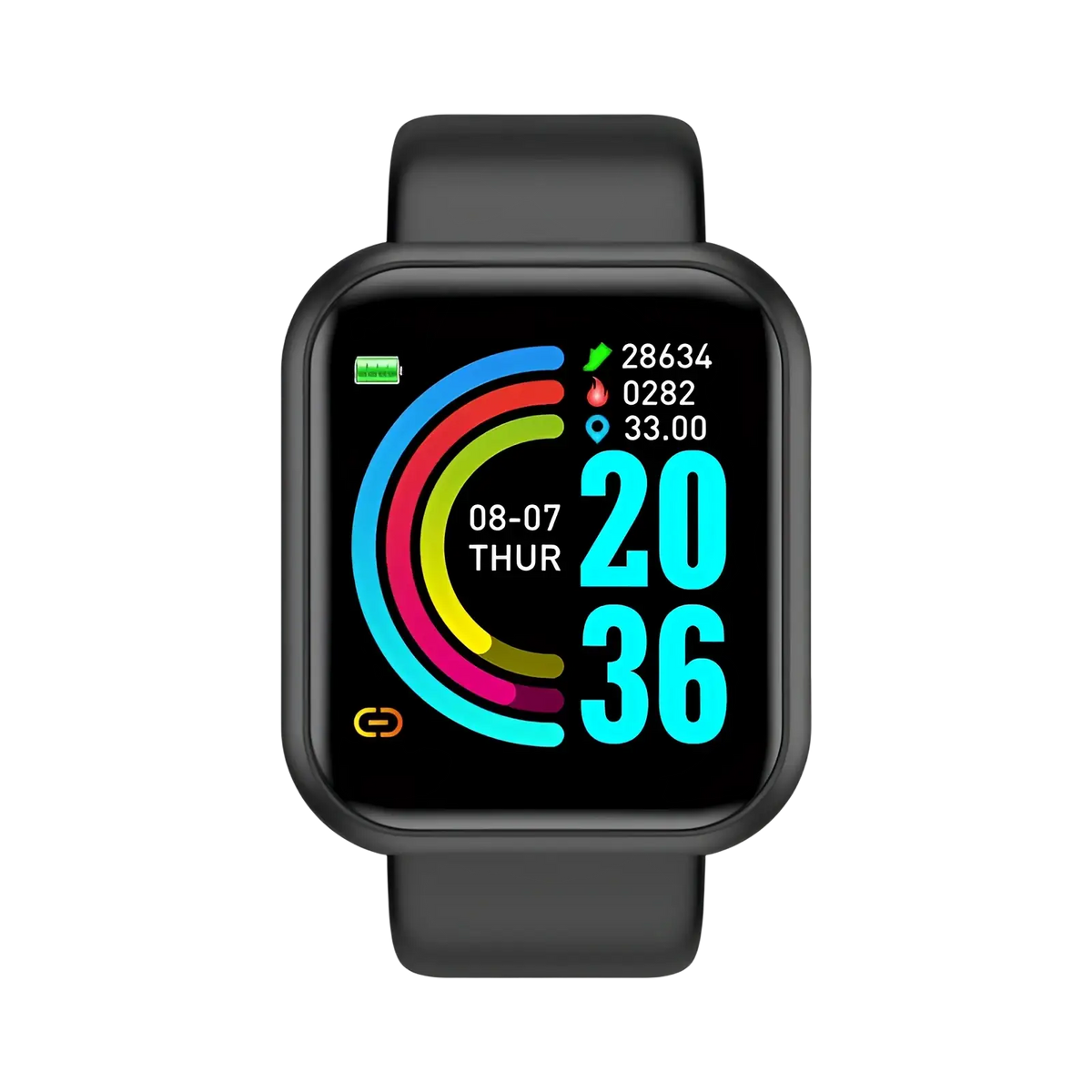 Black smartwatch fitness tracker with square face and colorful display showing time date steps heart rate and location data