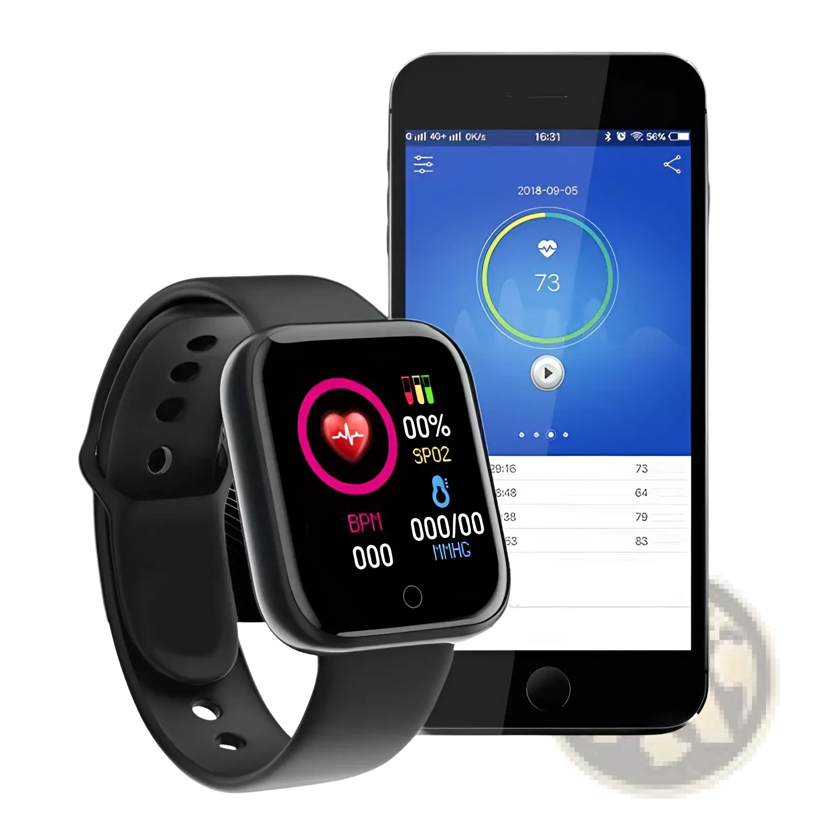 Black smartwatch fitness tracker with rectangular screen showing health metrics and black silicone sport strap