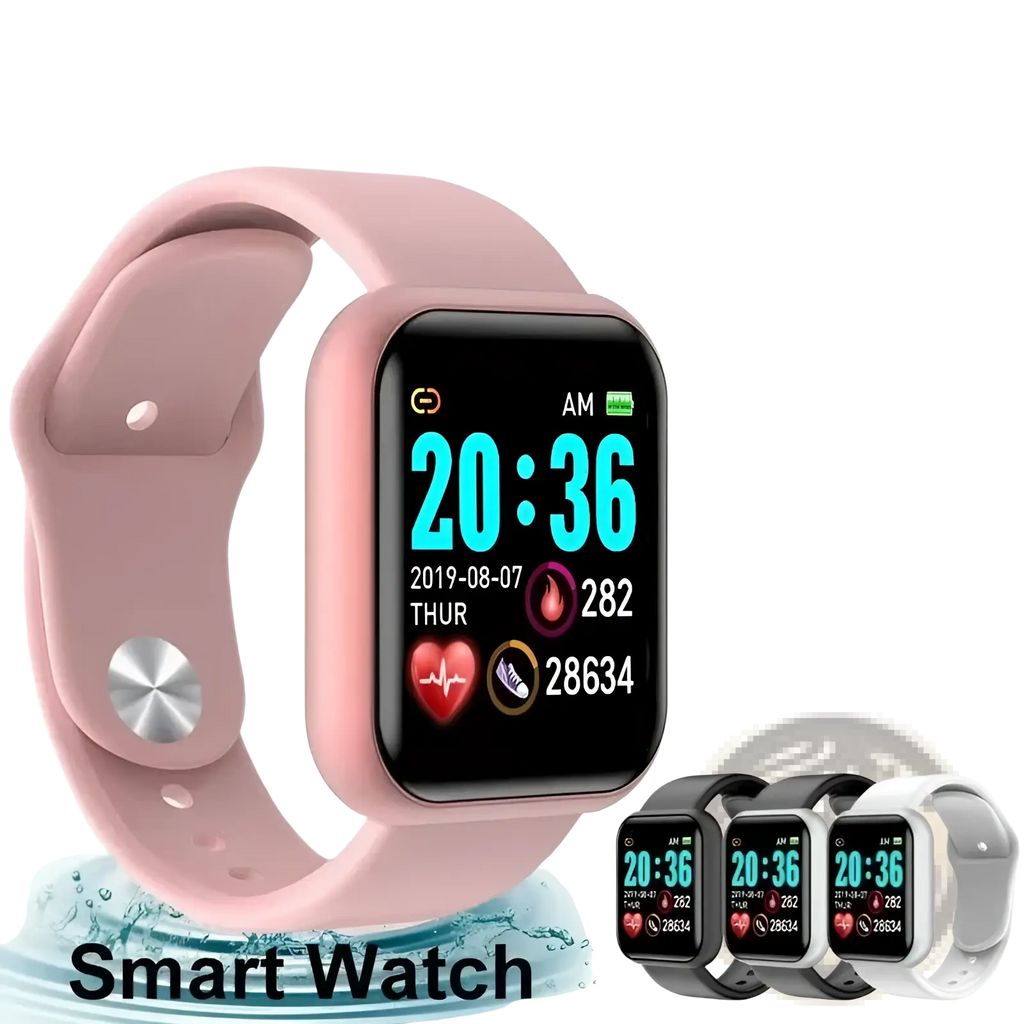 Pink silicone smart watch fitness tracker with square black screen showing time and silver-toned buckle hardware