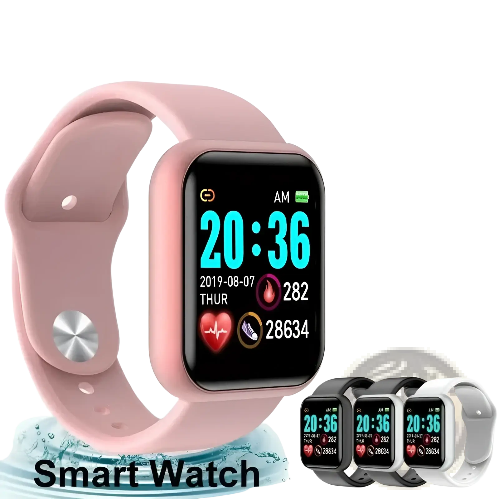 Pink silicone smart watch fitness tracker with square black screen showing time and silver-toned buckle hardware
