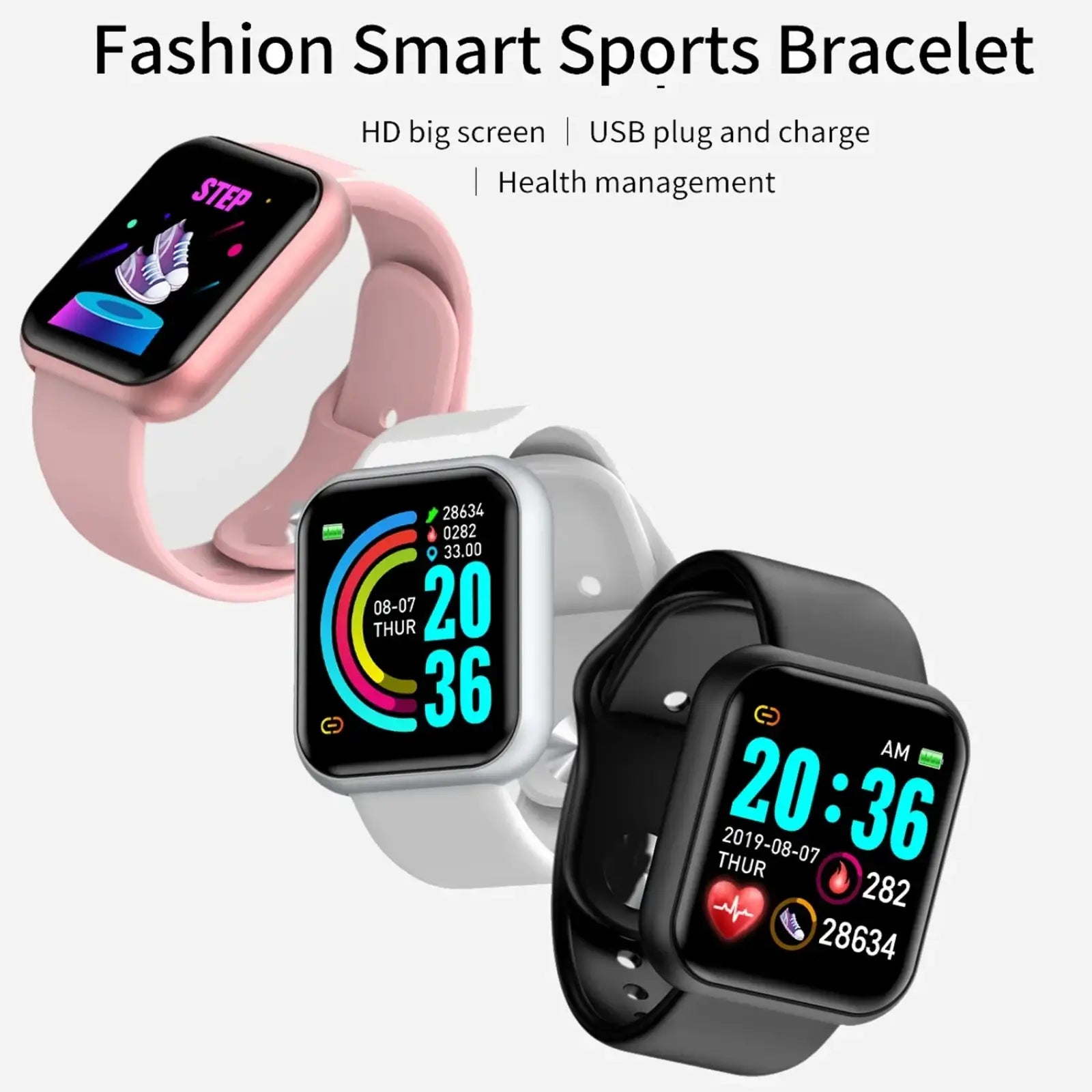 Smart watch fitness tracker Bluetooth sport bracelets in pink white and black with HD screens showing steps and time