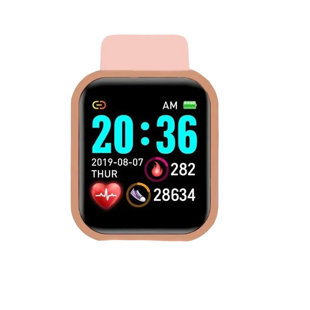 A rose gold-framed smart watch fitness tracker with a pink silicone strap displaying time, date, steps, and heart rate