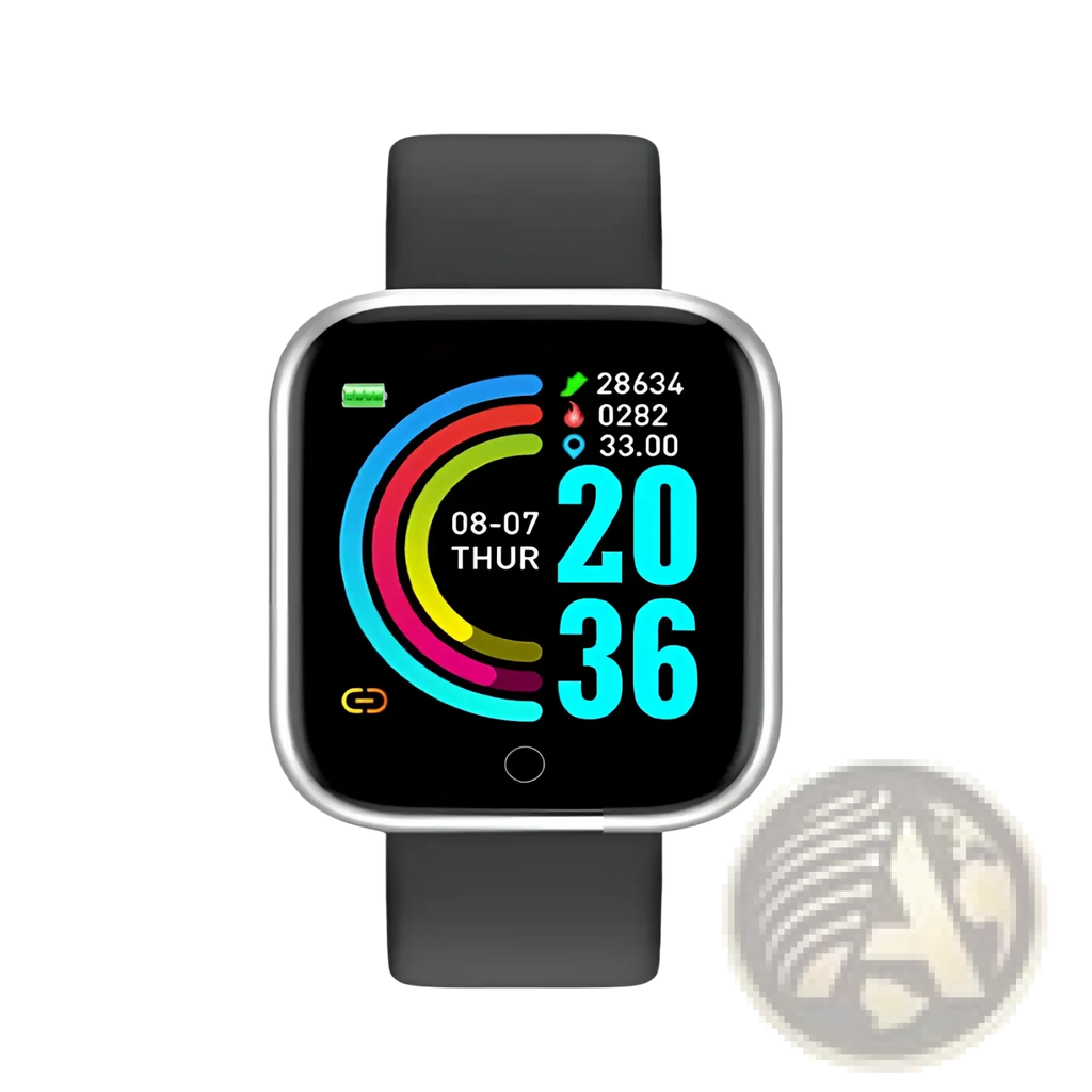 Silver-framed smartwatch with black display and strap showing colorful circular data graphics for fitness tracking