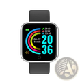 Silver-framed smartwatch with black display and strap showing colorful circular data graphics for fitness tracking