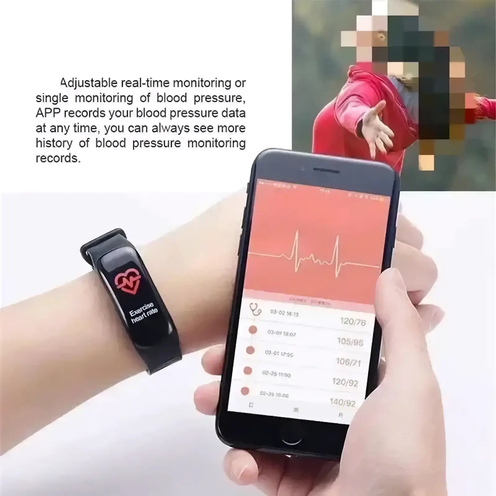 Black smart watch fitness tracker with red heart icon displaying exercise heart rate on its screen