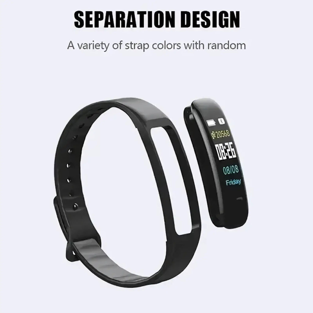 Black silicone smart watch fitness tracker with detachable band and digital display showing time date and step count