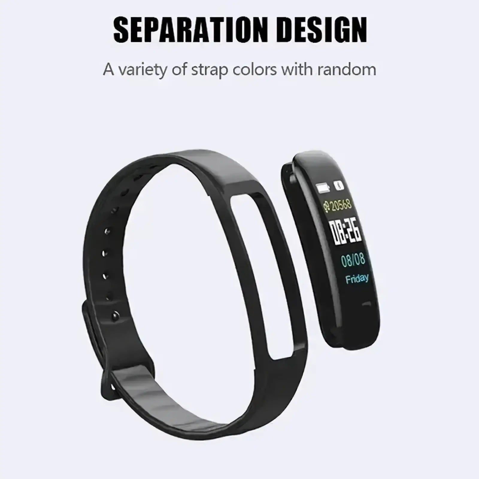 Black silicone smart watch fitness tracker with detachable band and digital display showing time date and step count
