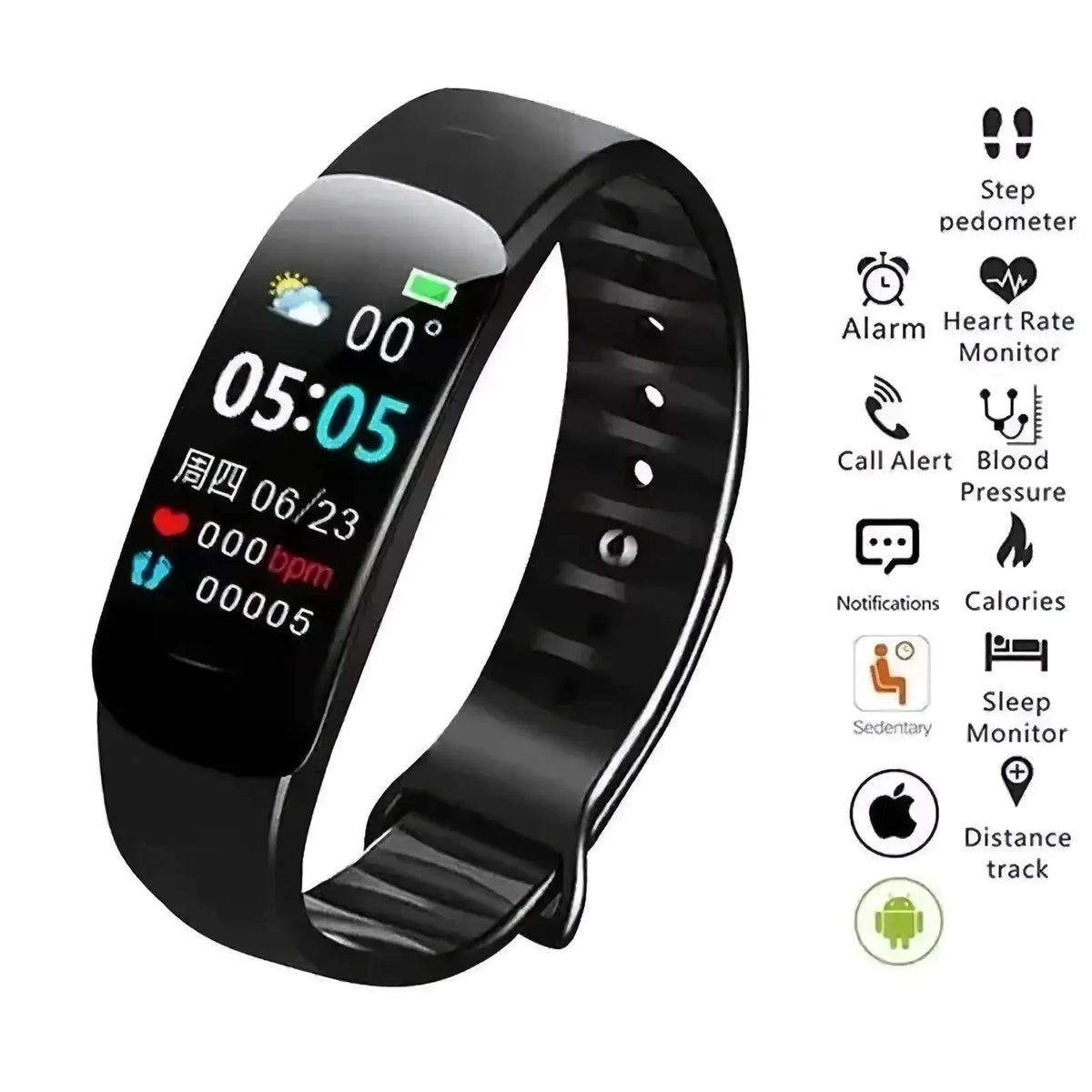 Black silicone smart watch fitness tracker with rectangular touchscreen displaying time date and heart rate monitor