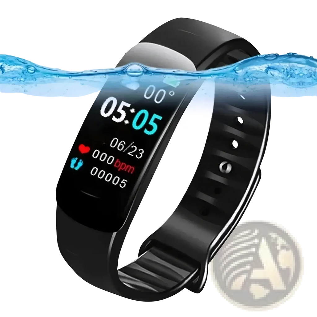 Black silicone smart watch fitness tracker with rectangular digital display showing time date heart rate and step count