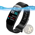 Black silicone smart watch fitness tracker with rectangular digital display showing time date heart rate and step count