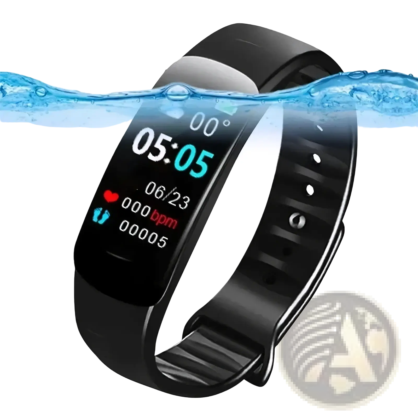 Black silicone smart watch fitness tracker with rectangular digital display showing time date heart rate and step count
