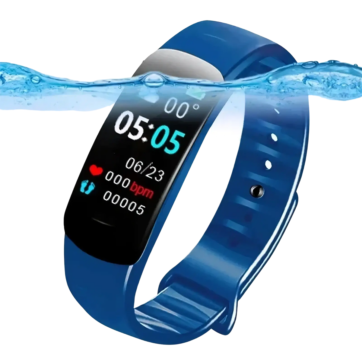 Blue silicone smart watch fitness tracker with black digital display showing time date and heart rate monitor metrics