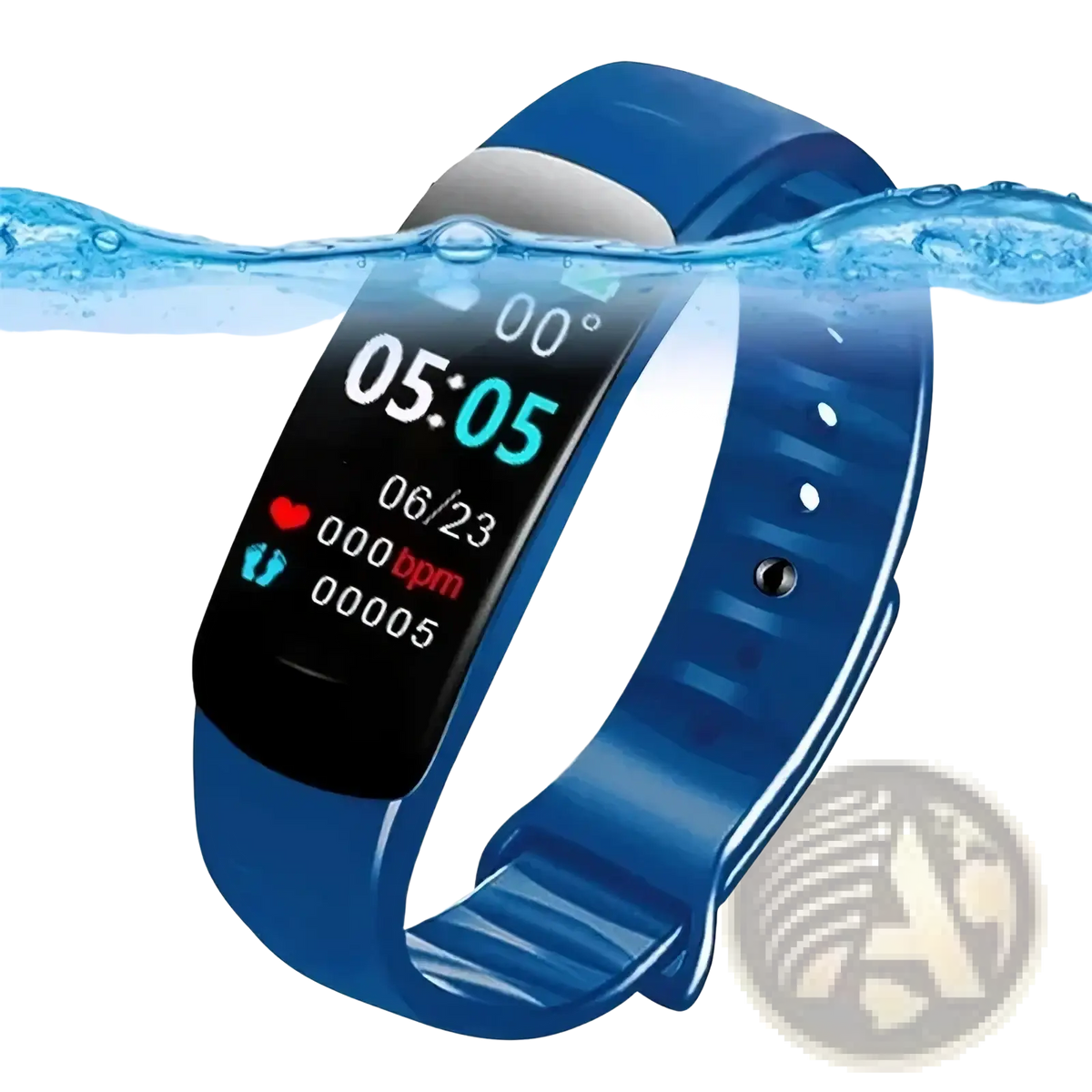 Blue silicone smart watch fitness tracker with black digital display showing time date and heart rate monitor metrics