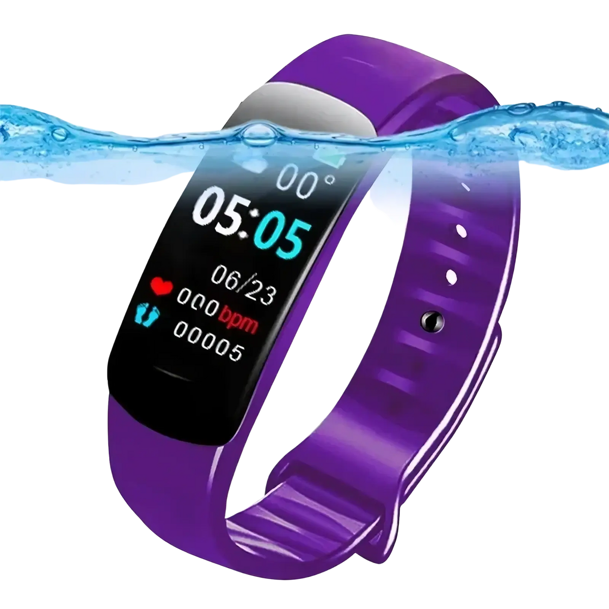 Purple silicone smart watch fitness tracker with black digital display showing time date and heart rate monitor