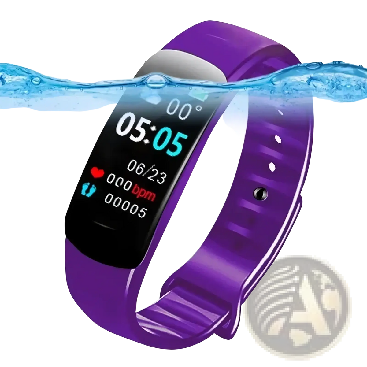Purple silicone smart watch fitness tracker with black digital display showing time date and heart rate monitor