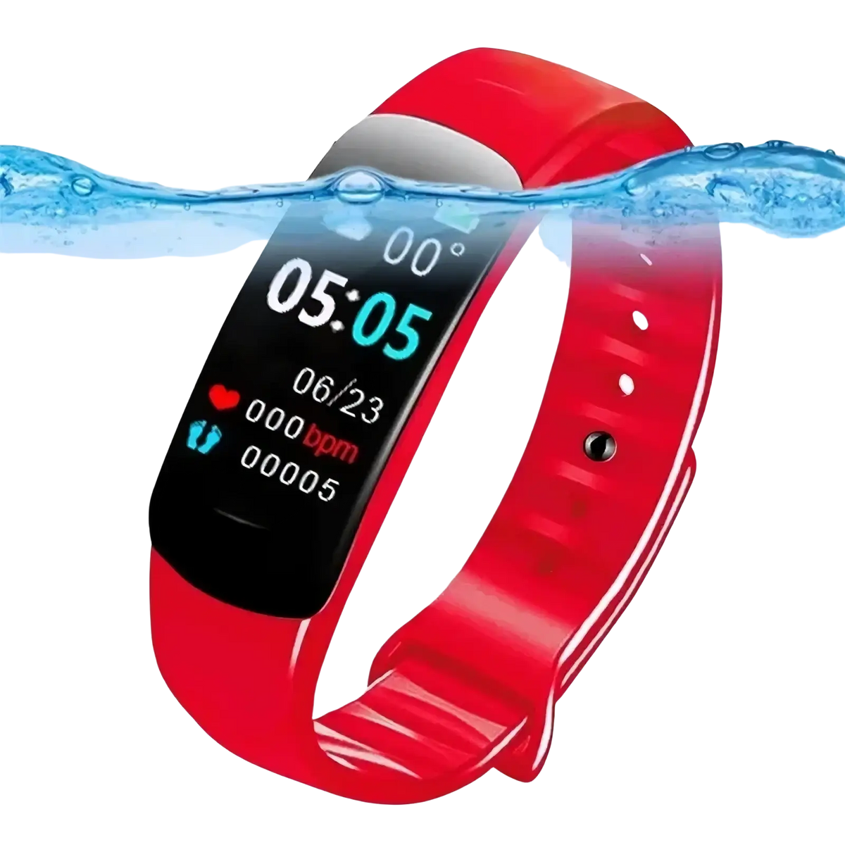Red silicone smart watch fitness tracker with black digital display showing time date and heart rate monitor metrics