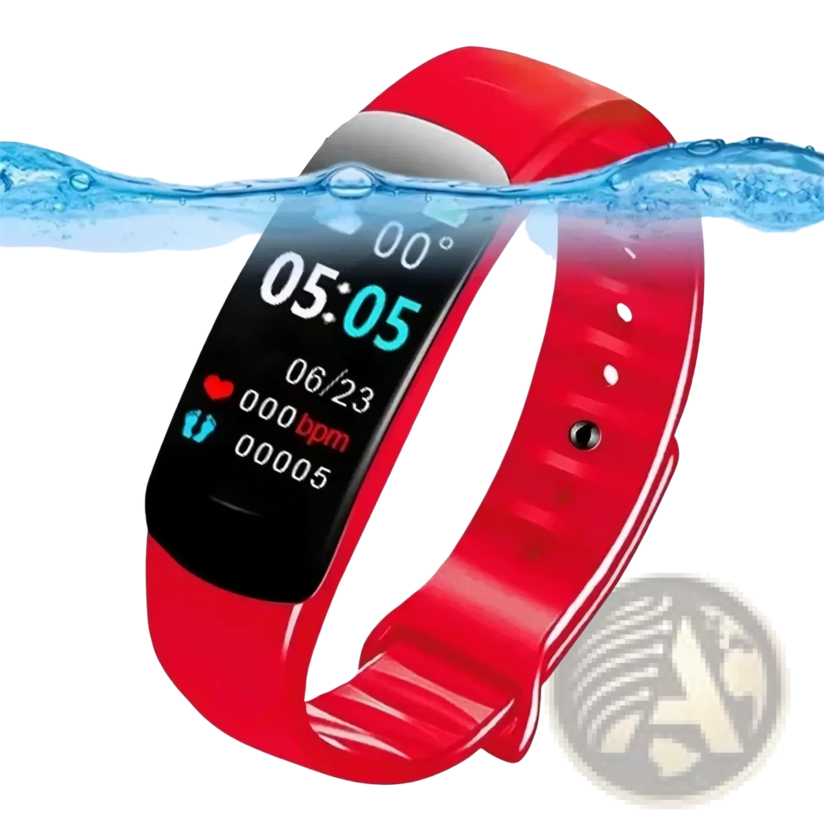 Red silicone smart watch fitness tracker with black digital display showing time date and heart rate monitor metrics