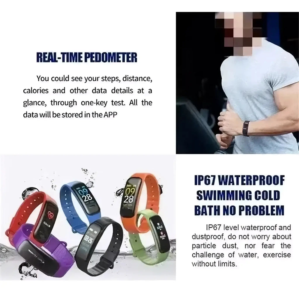 A sleek rectangular smart watch fitness tracker with a vibrant silicone band and digital step count display