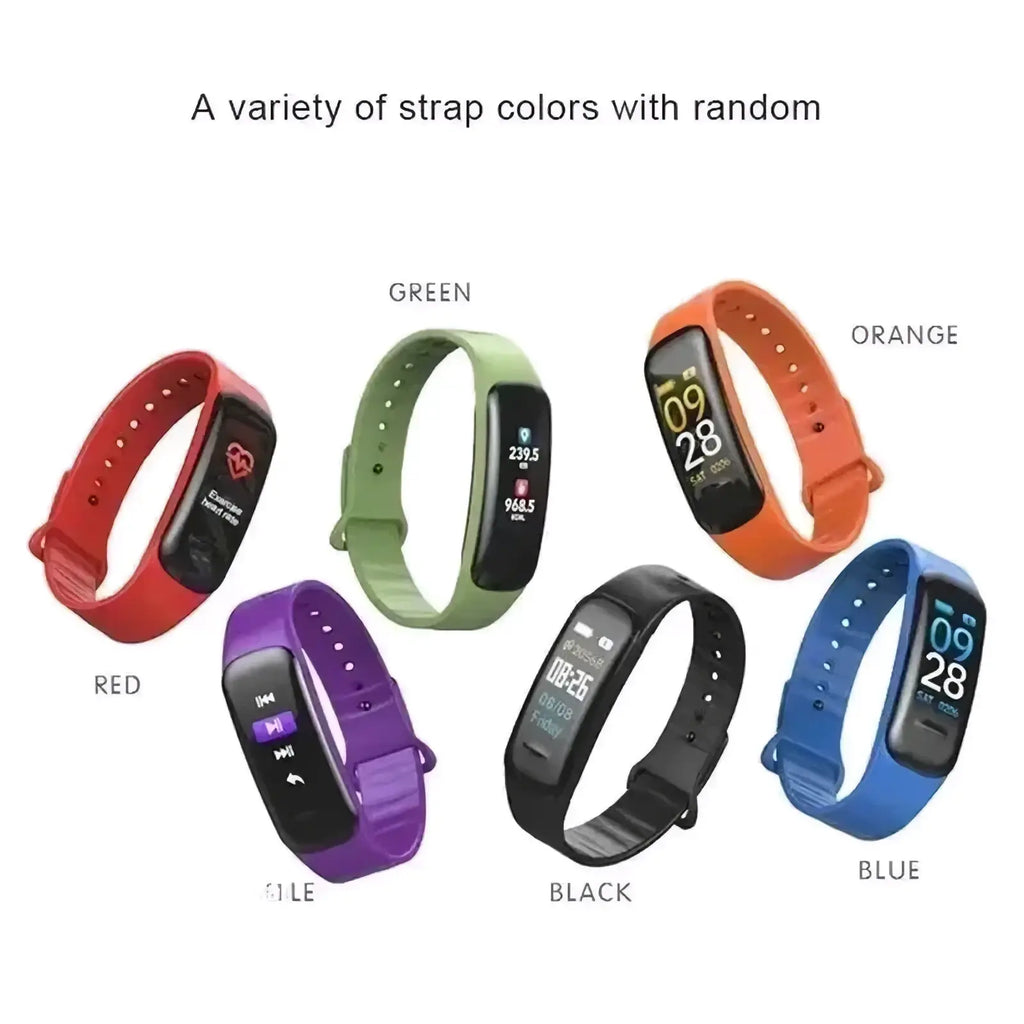Smart watch fitness tracker heart rate monitor with a sleek rectangular design and vibrant silicone straps in multiple colors