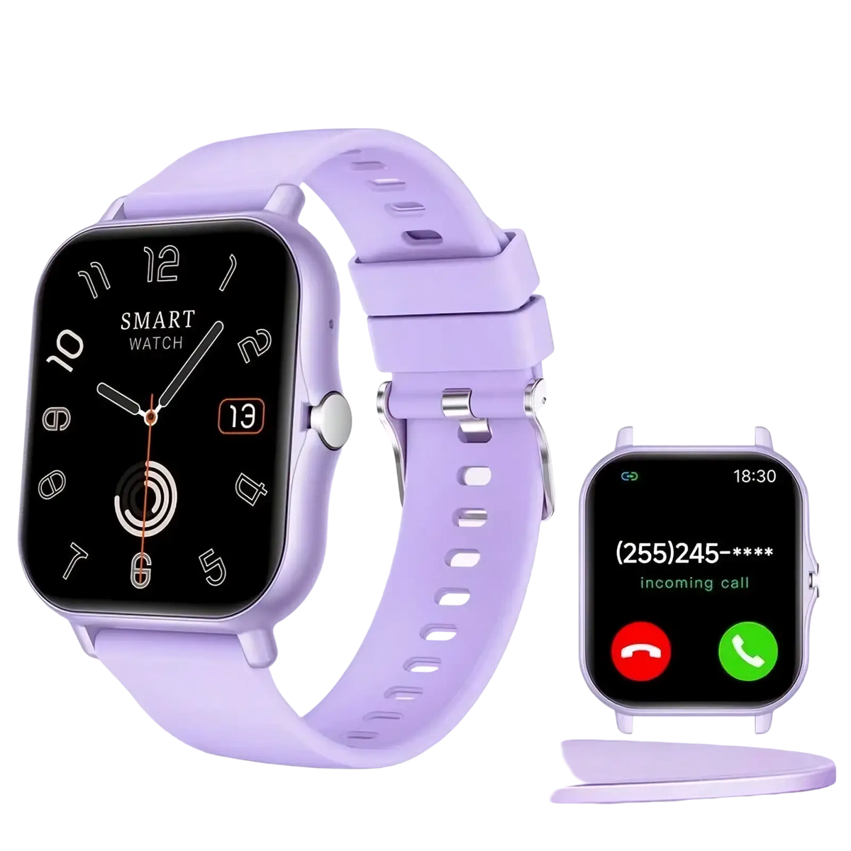 Lavender silicone smart watch with square black screen and silver-tone bezel for rose gold fitness tracking ios android