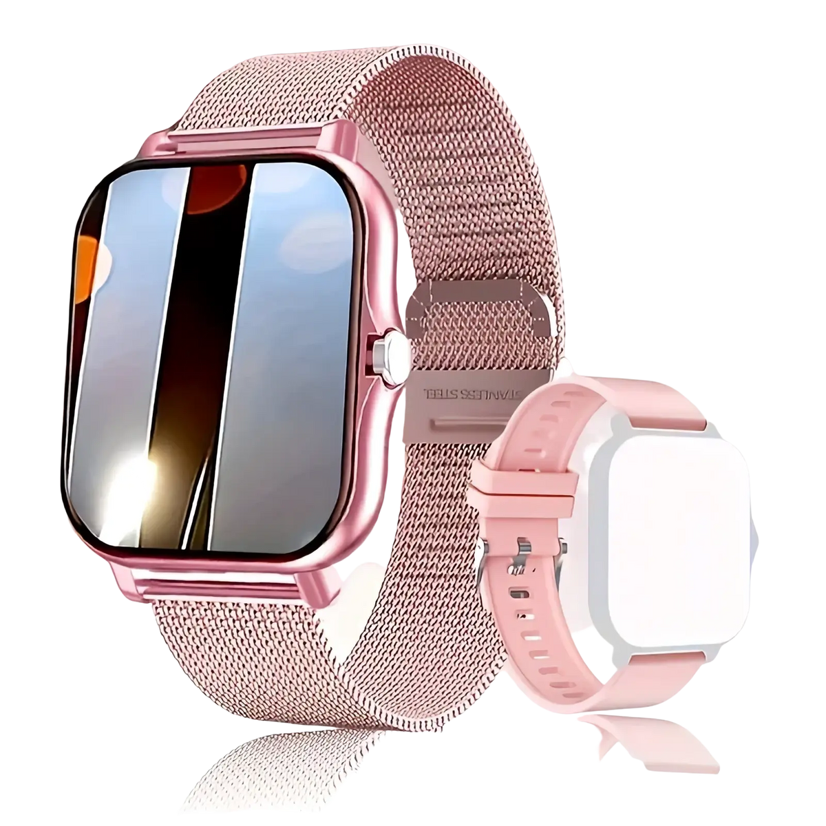 Smart watch rose gold fitness tracker with rose gold mesh band rectangular screen and pink metallic case for ios android