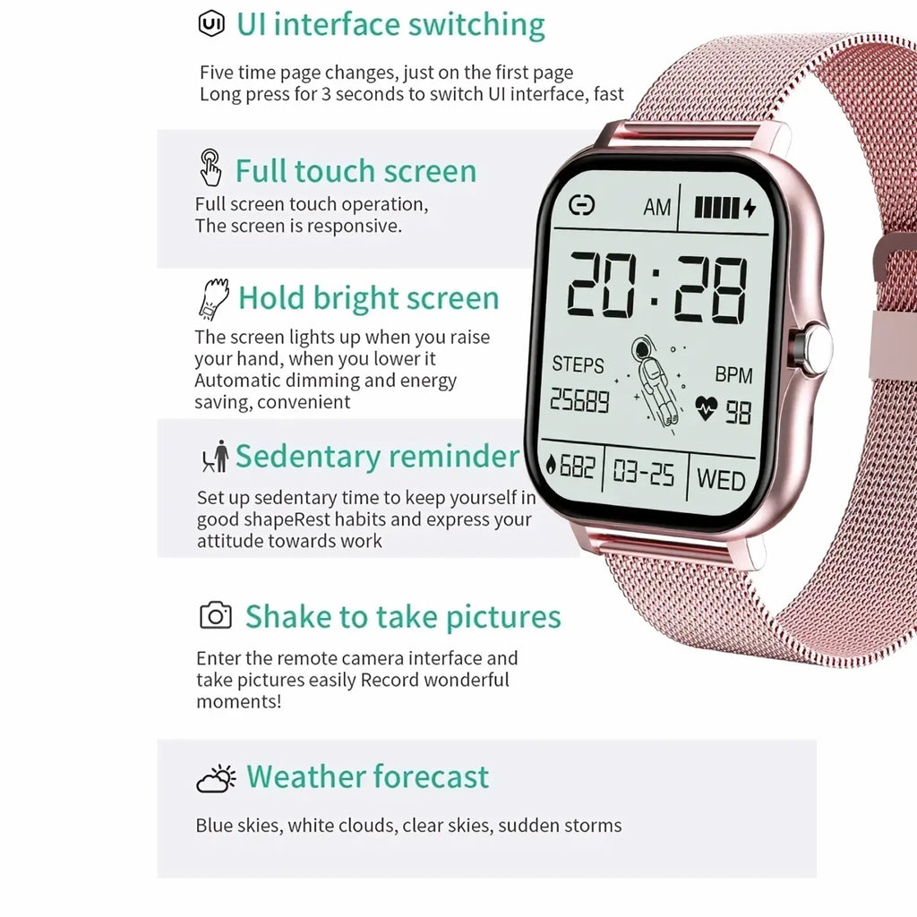 Smart watch rose gold fitness tracker with rose gold mesh band rectangular touchscreen showing time steps heart rate
