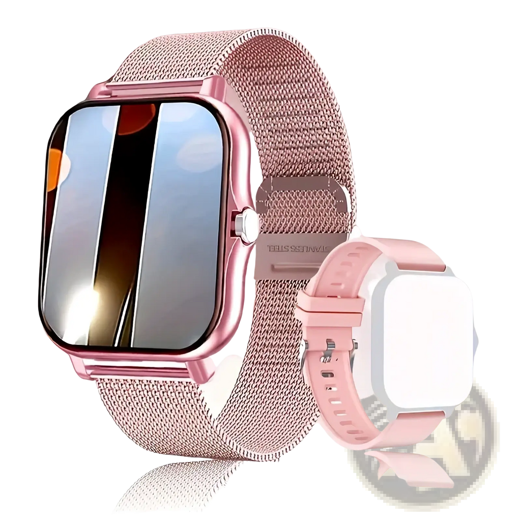 Smart watch rose gold fitness tracker with rose gold mesh band rectangular screen and pink metallic case for ios android
