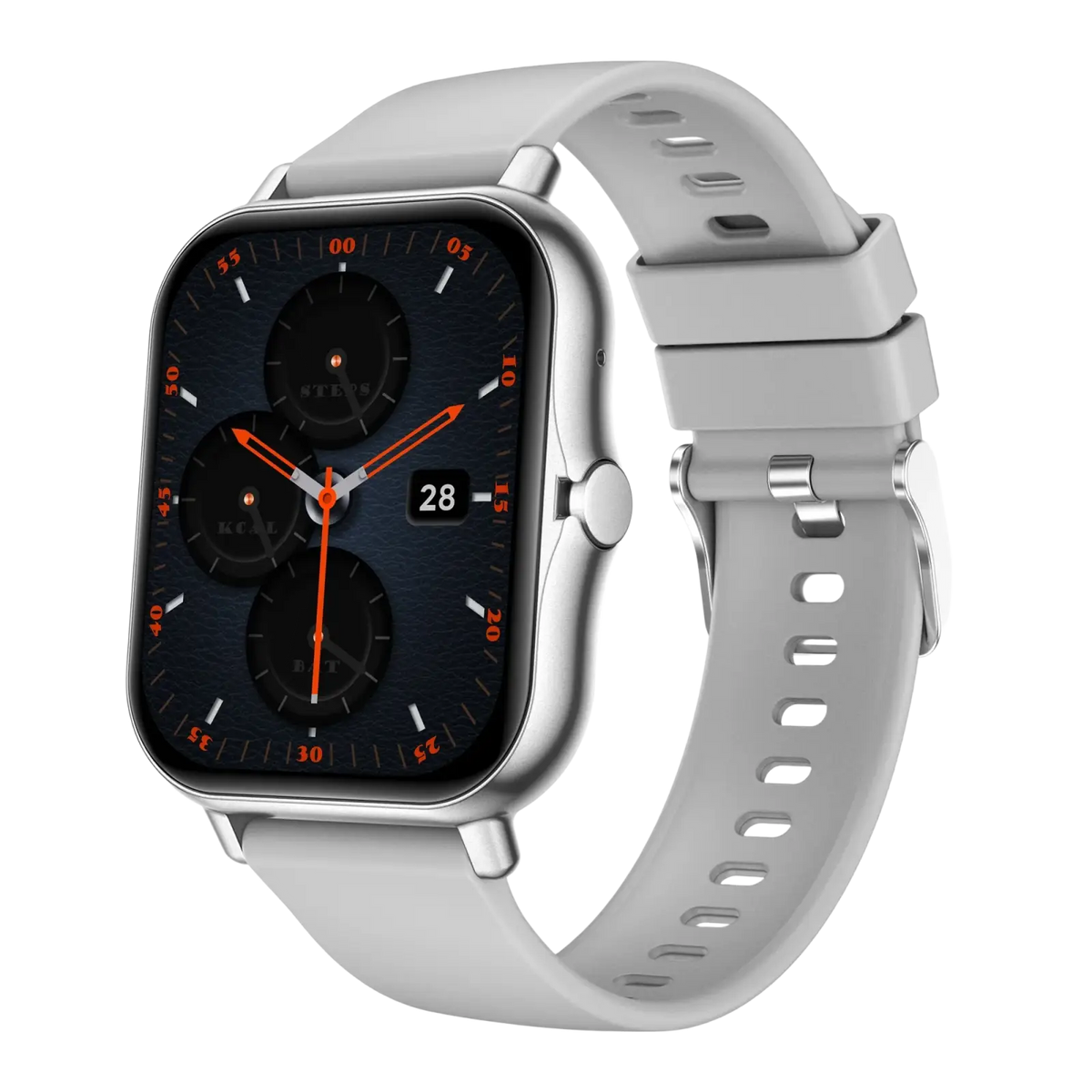 Silver-framed smartwatch with dark blue dial orange hands and light gray silicone strap for ios android fitness tracking