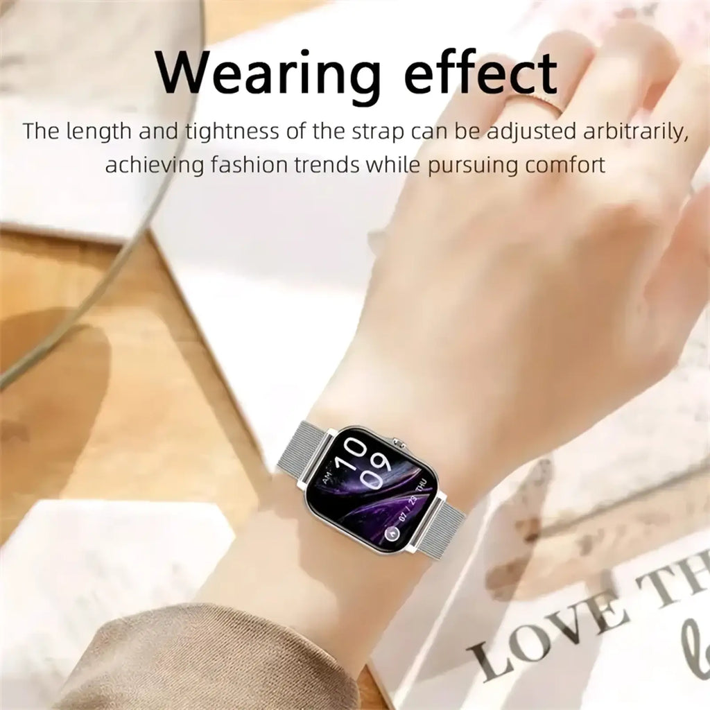Silver mesh strap smart watch with rectangular digital display showing time and date for ios android fitness tracking