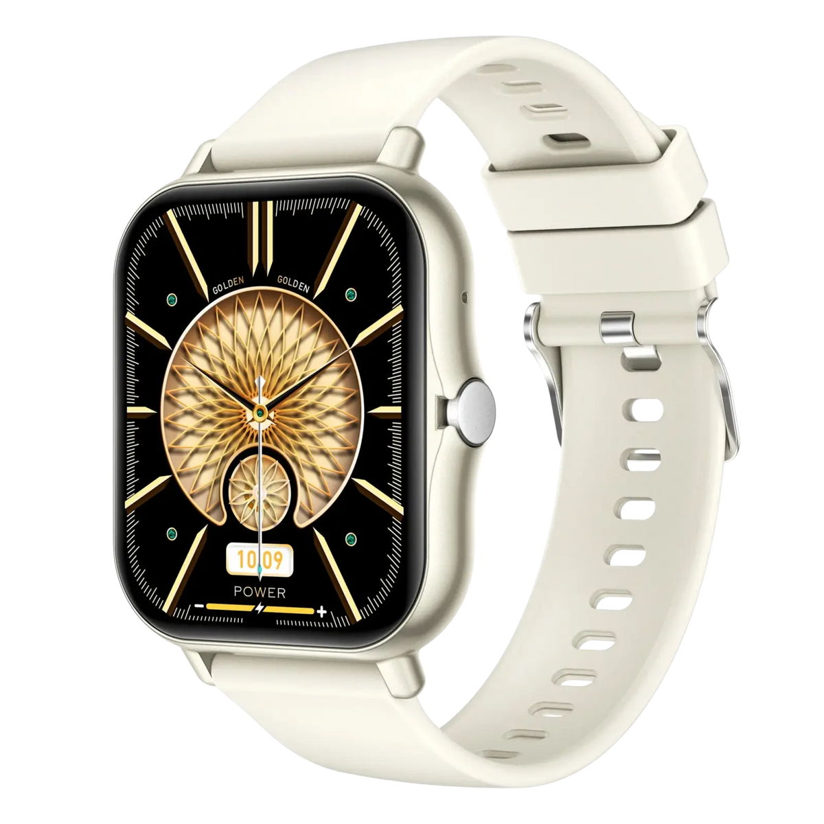 Smart watch rose gold fitness tracker ios android with cream silicone strap and golden geometric dial on square face