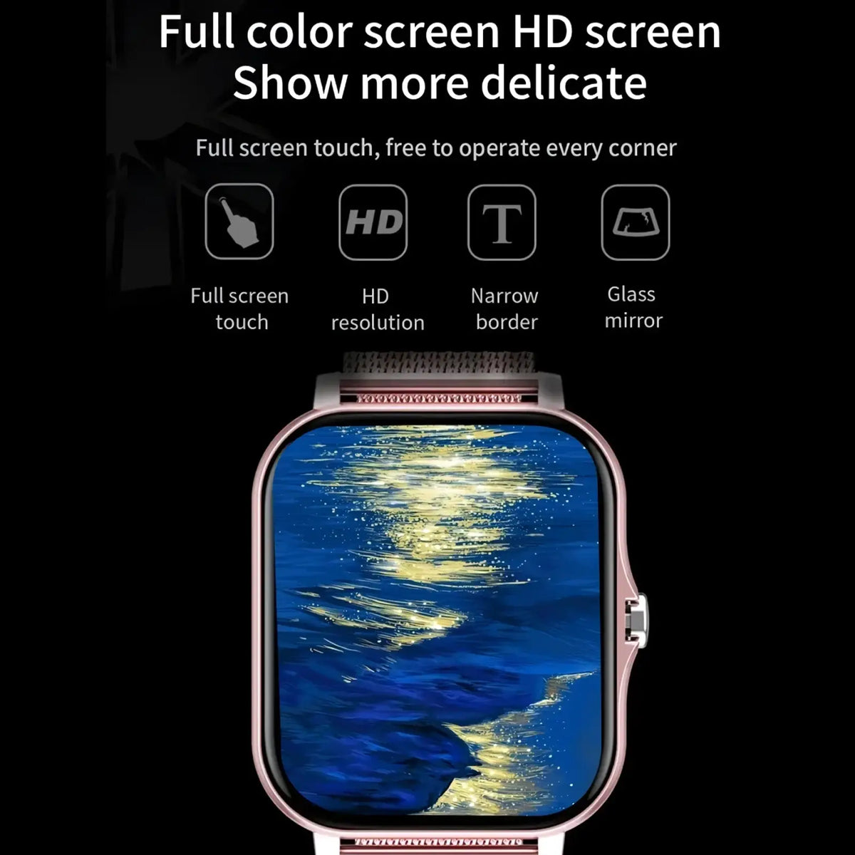 Rose gold smartwatch with full color HD touchscreen displaying a serene blue water scene for iOS and Android fitness tracking