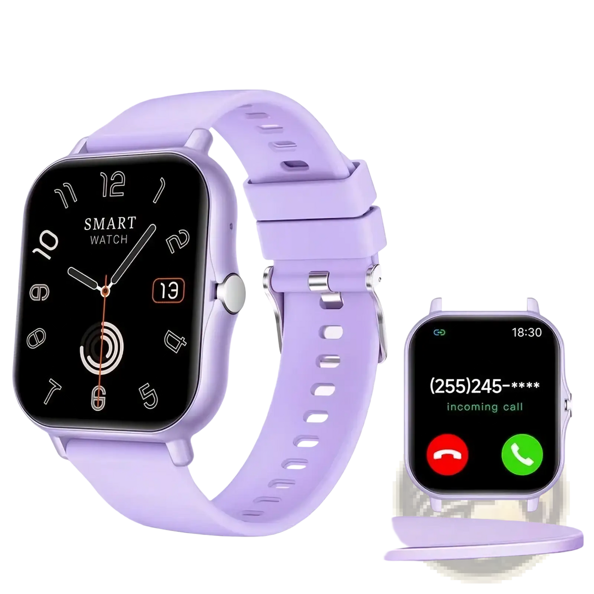 Lavender silicone smart watch with square black screen and silver-tone bezel for rose gold fitness tracking ios android