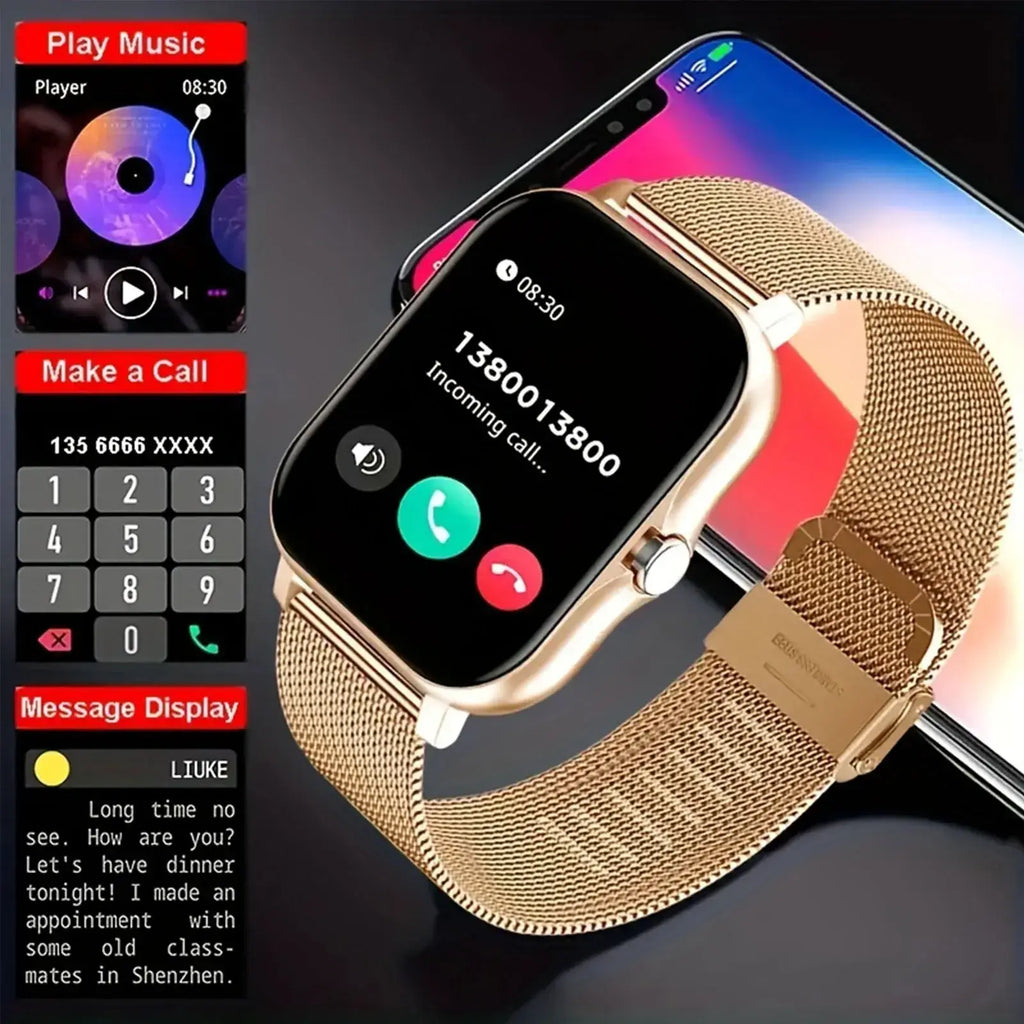 Smart watch rose gold fitness tracker with gold-tone mesh band and rectangular screen showing incoming call on ios android
