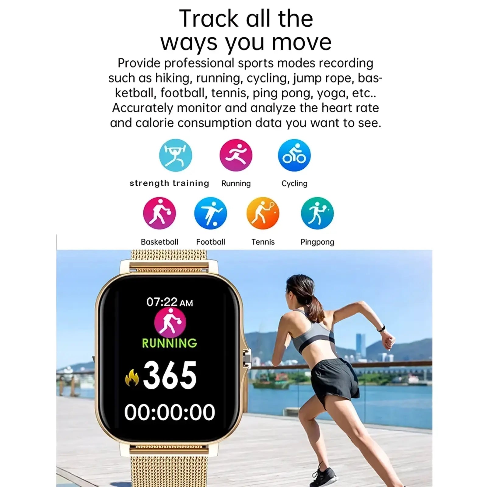 Smart Watch rose gold fitness tracker with gold-tone mesh band displaying running metrics on screen for ios android