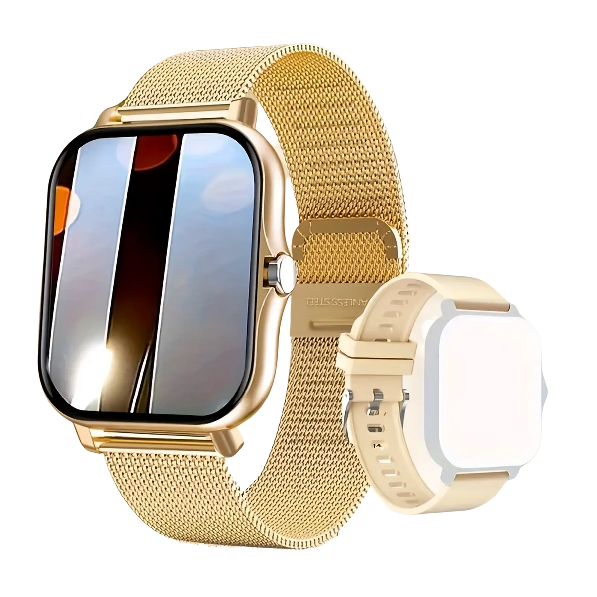 Gold-tone mesh band smartwatch with rectangular screen and matching metallic case for ios and android fitness tracking