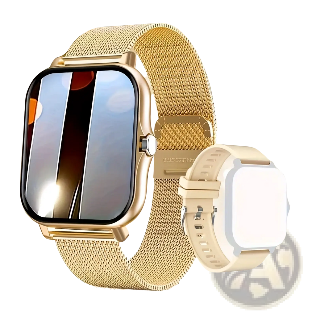 Gold-tone mesh band smartwatch with rectangular screen and matching metallic case for ios and android fitness tracking