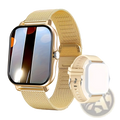 Gold-tone mesh band smartwatch with rectangular screen and matching metallic case for ios and android fitness tracking