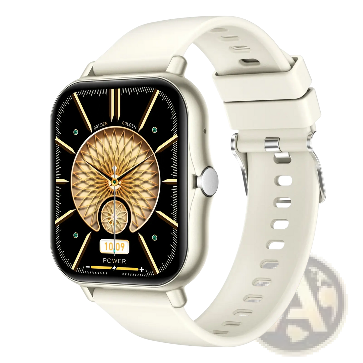 Smart watch rose gold fitness tracker ios android with cream silicone strap and golden geometric dial on square face