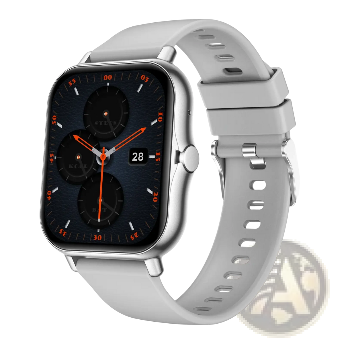 Silver-framed smartwatch with dark blue dial orange hands and light gray silicone strap for ios android fitness tracking