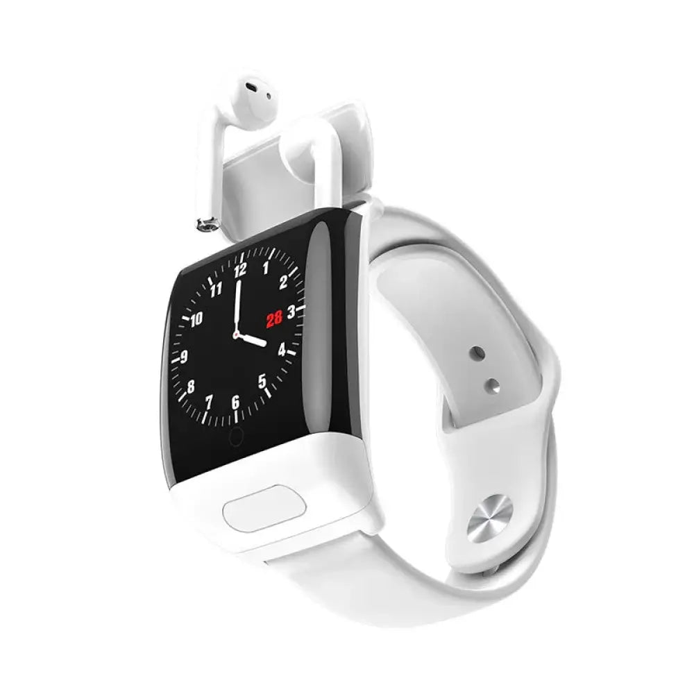 White 2-in-1 multi-sport smartwatch with rectangular black screen and integrated wireless earbuds in charging case