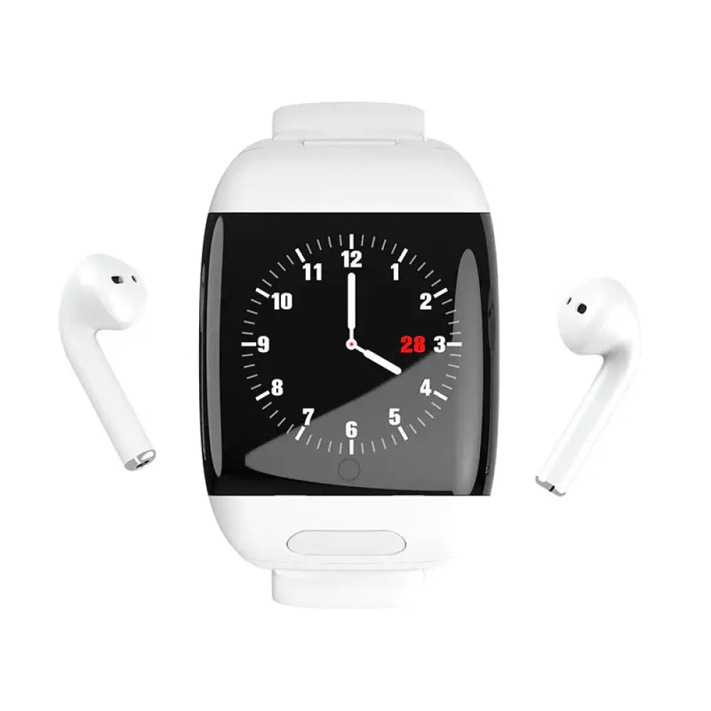 White 2-in-1 multi-sport smartwatch with rectangular analog display and integrated white wireless earbuds beside it